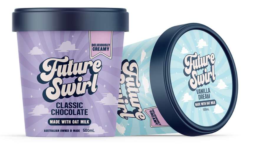 Two Future Swirl branded tubs, one is purple and reads 'classic chocolate', the other is blue and reads 'vanilla dream'.