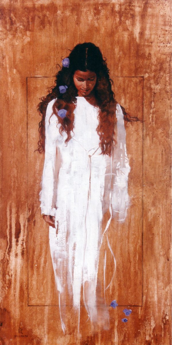 Painting of woman in white dress 